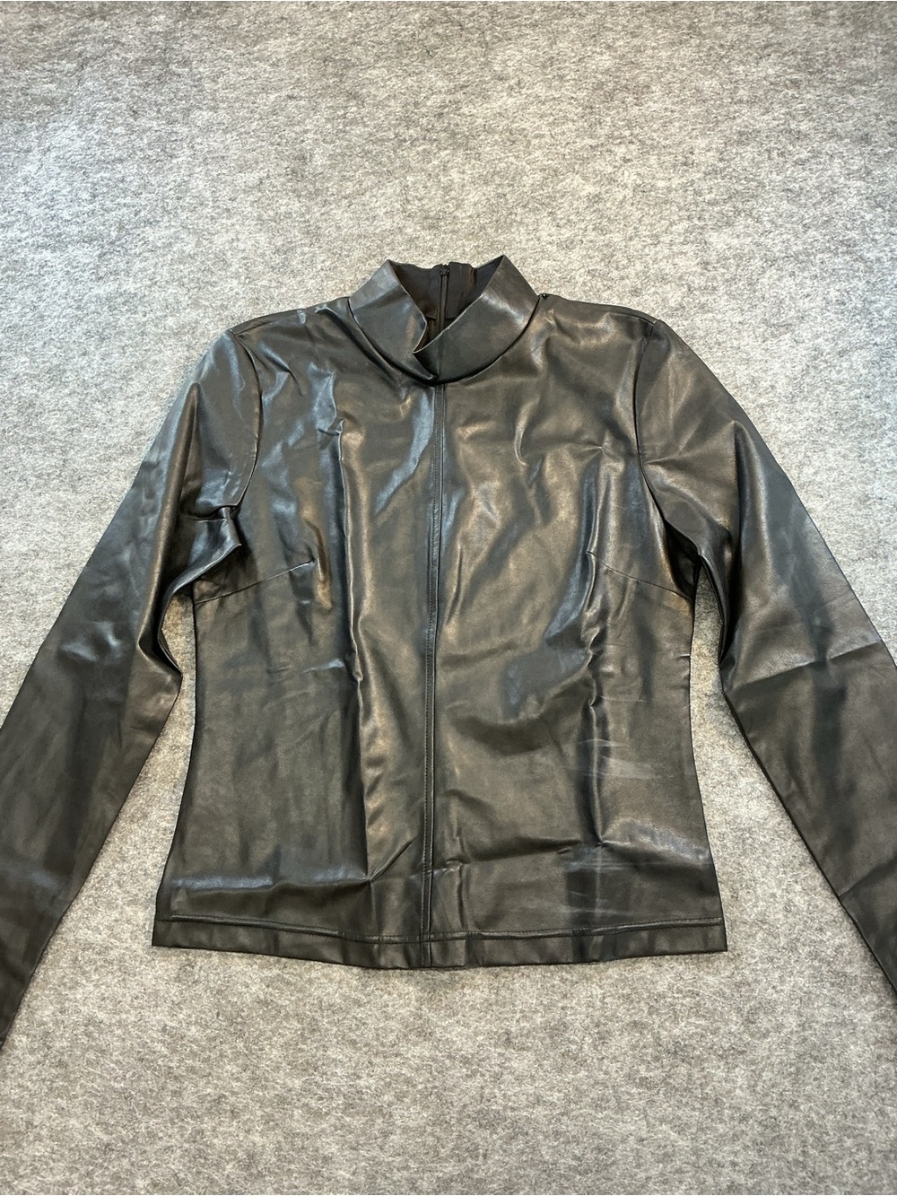 Babaton Black Faux Leather Women's Top with Stand Collar Size 12